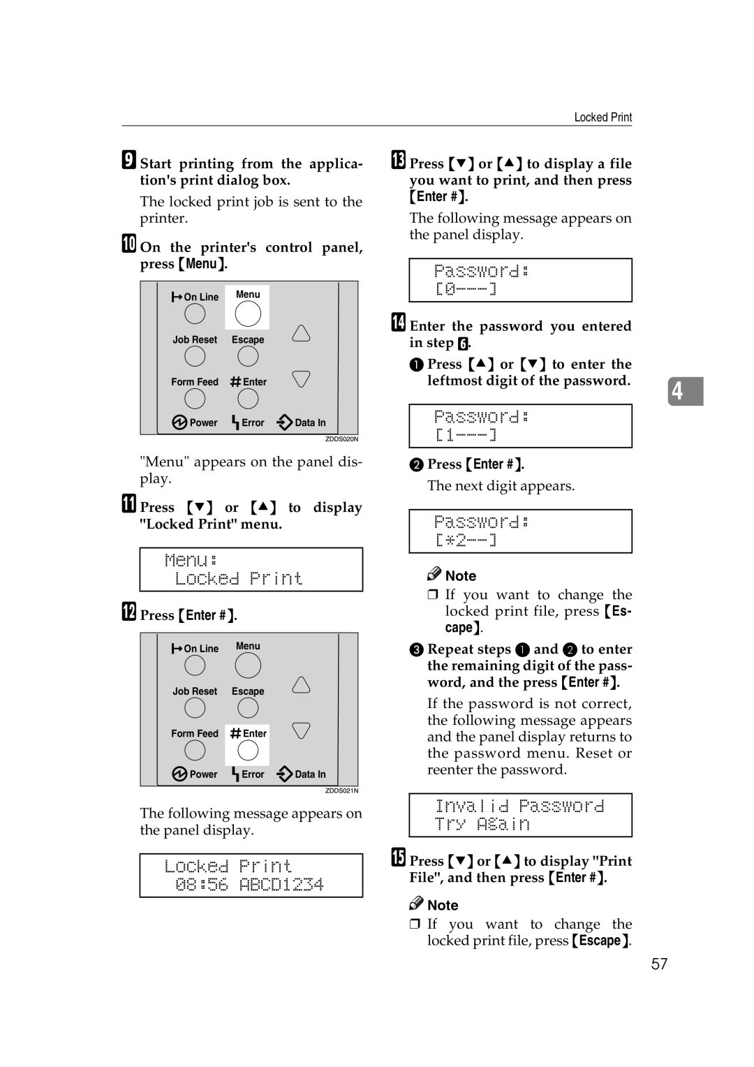 Lanier AP2610 manual Menu Locked Print, Password *2, Locked Print 0856 ABCD1234, Invalid Password Try Again 