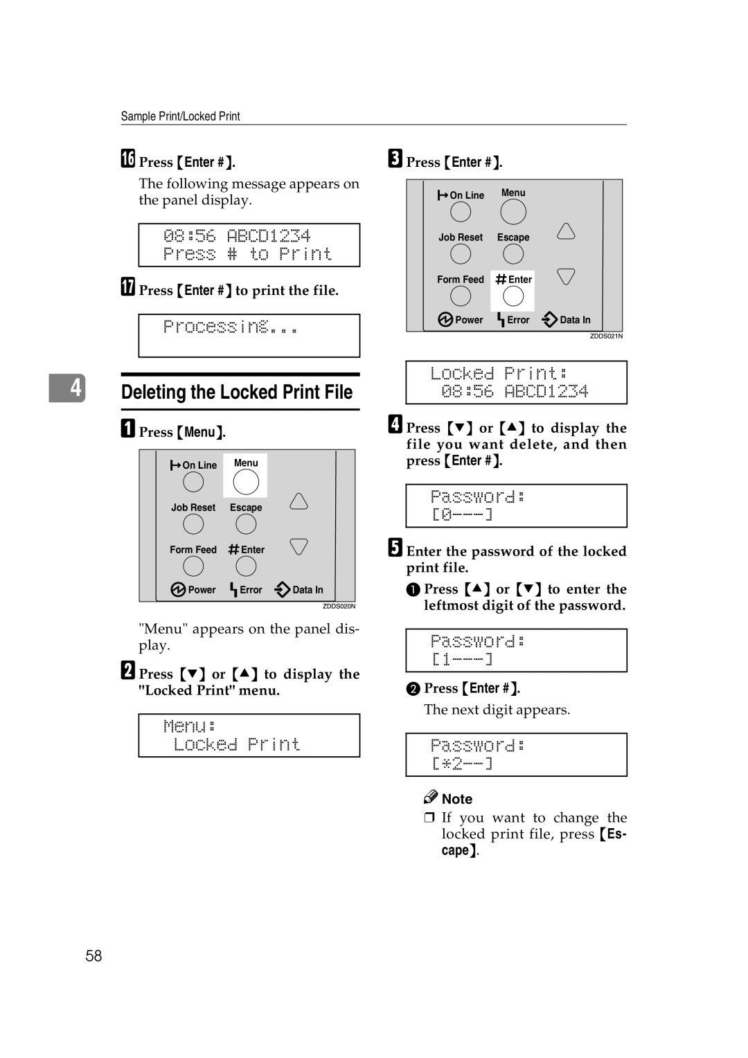 Lanier AP2610 manual ABCD1234 Press # to Print, Press T or U to display the Locked Print menu 