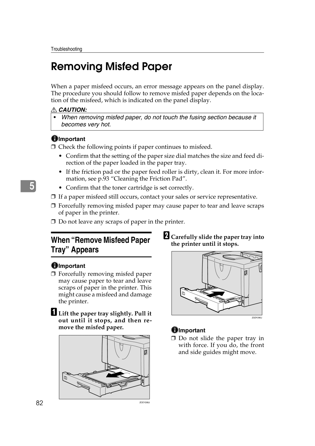 Lanier AP2610 manual Removing Misfed Paper, When Remove Misfeed Paper Tray Appears 