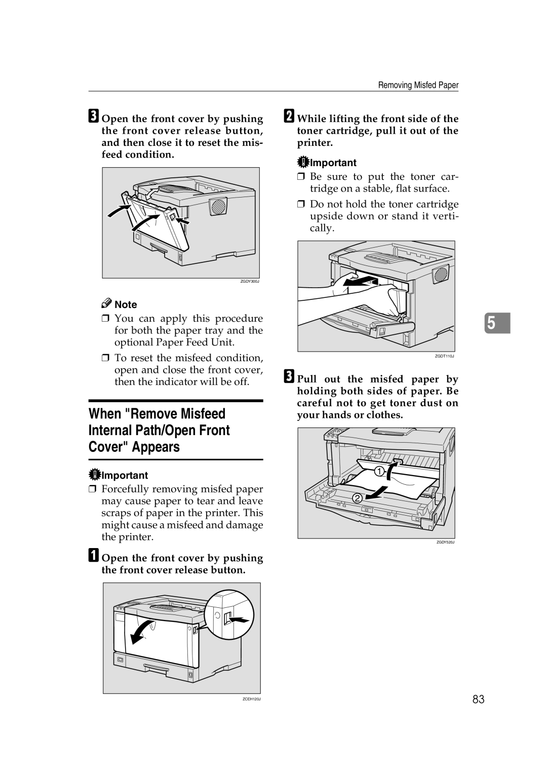 Lanier AP2610 manual When Remove Misfeed Internal Path/Open Front Cover Appears 