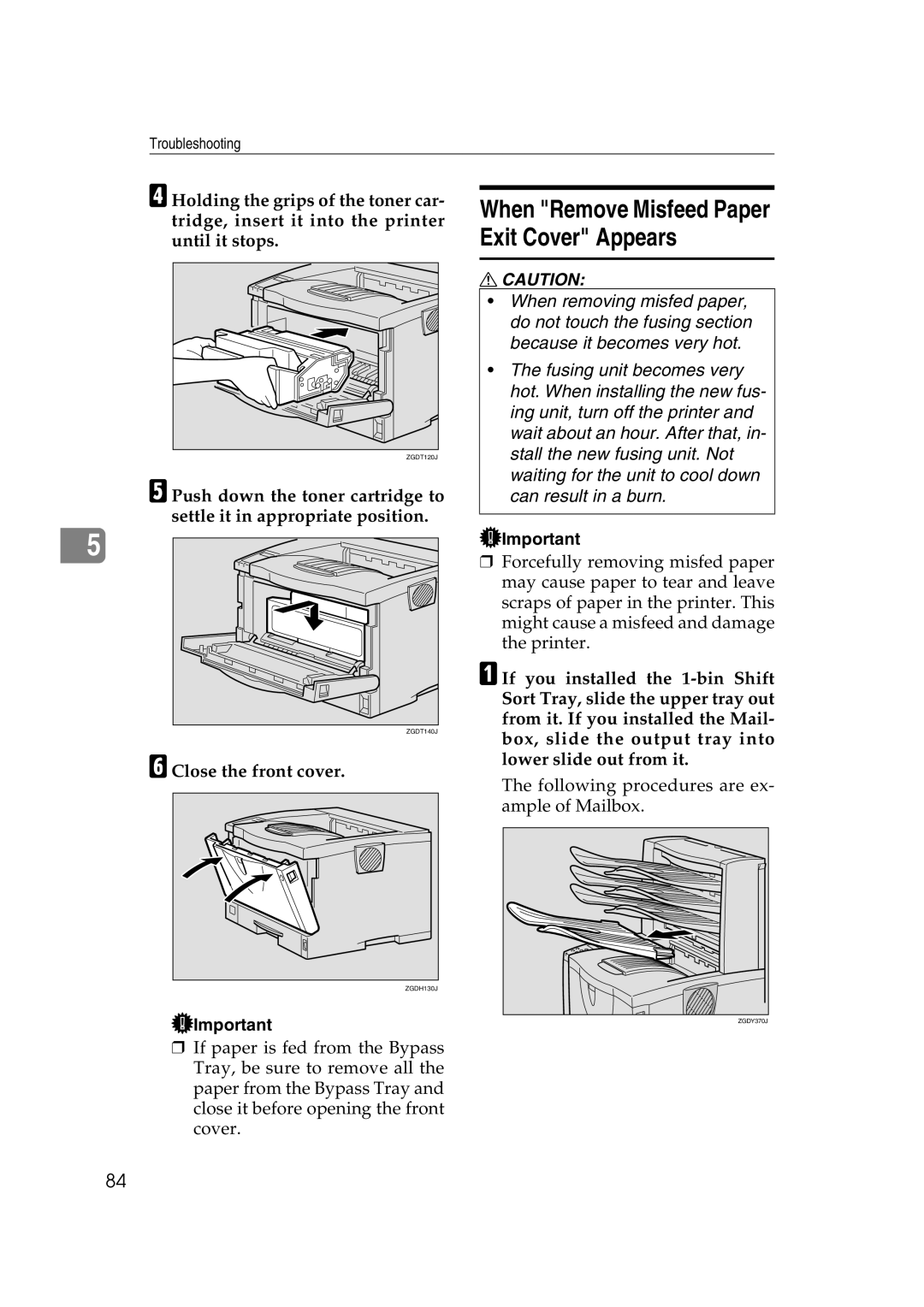 Lanier AP2610 manual When Remove Misfeed Paper Exit Cover Appears, Close the front cover 