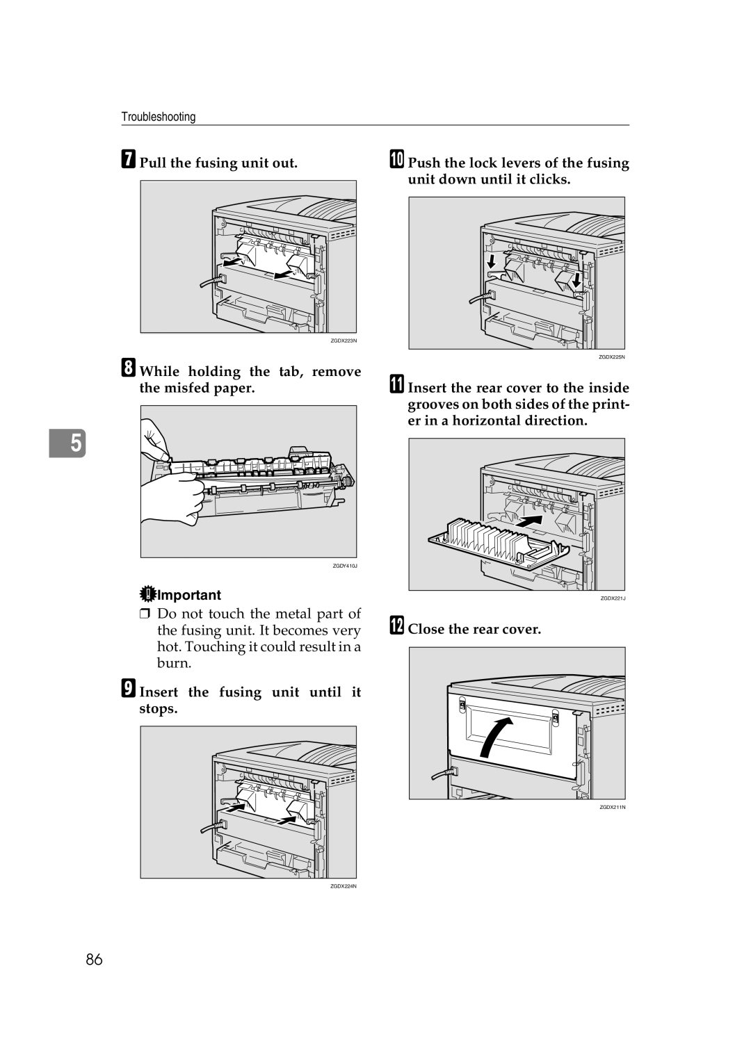 Lanier AP2610 While holding the tab, remove the misfed paper, Insert the fusing unit until it stops, Close the rear cover 