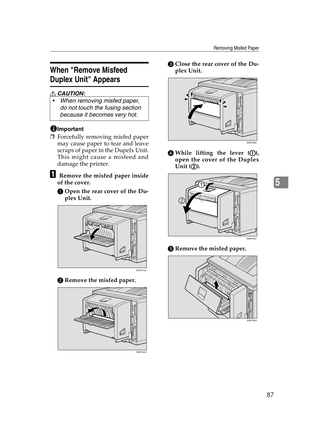 Lanier AP2610 manual When Remove Misfeed Duplex Unit Appears, Close the rear cover of the Du- plex Unit 