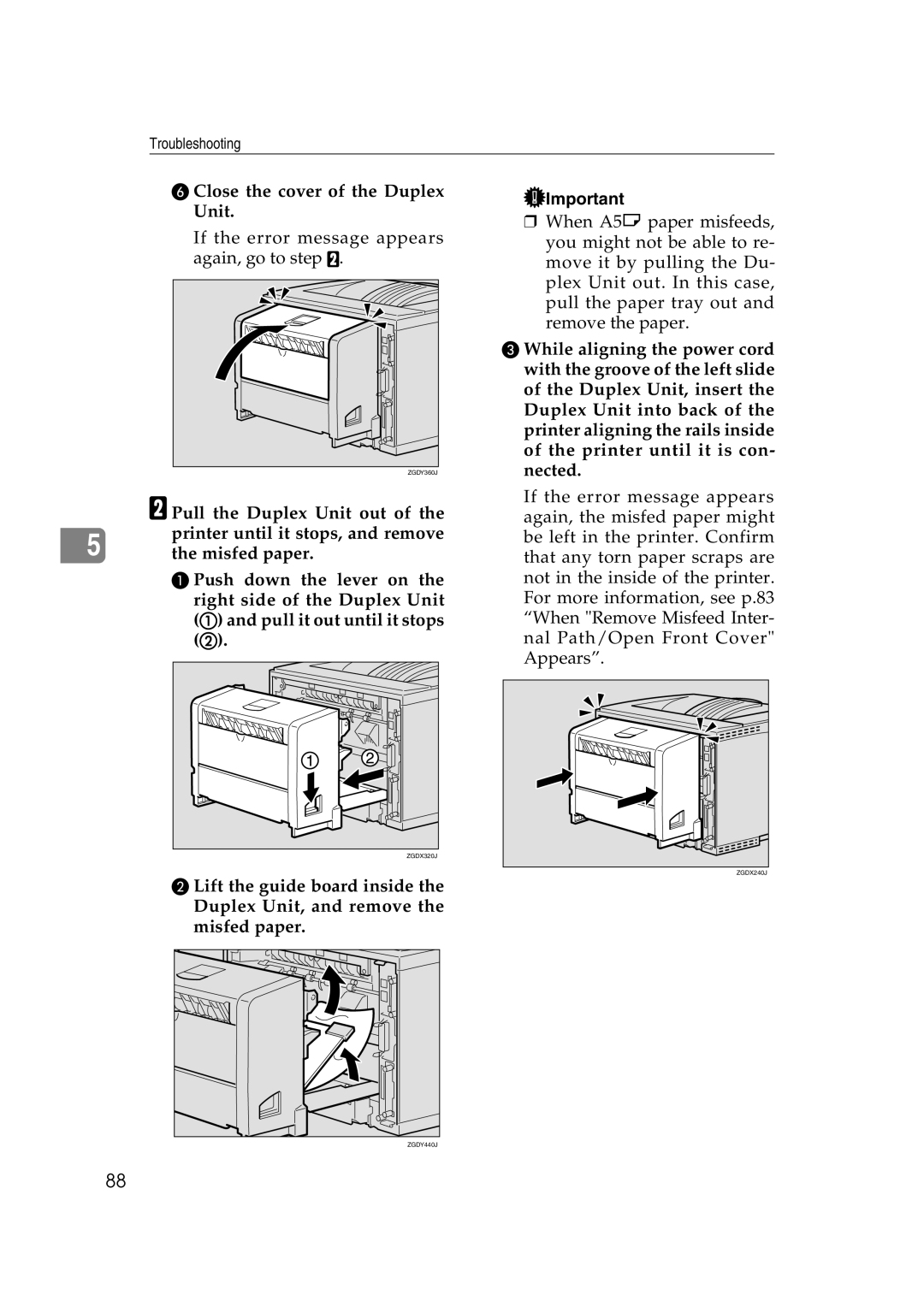 Lanier AP2610 manual Close the cover of the Duplex Unit, Pull the Duplex Unit out, Printer until it stops, and remove 