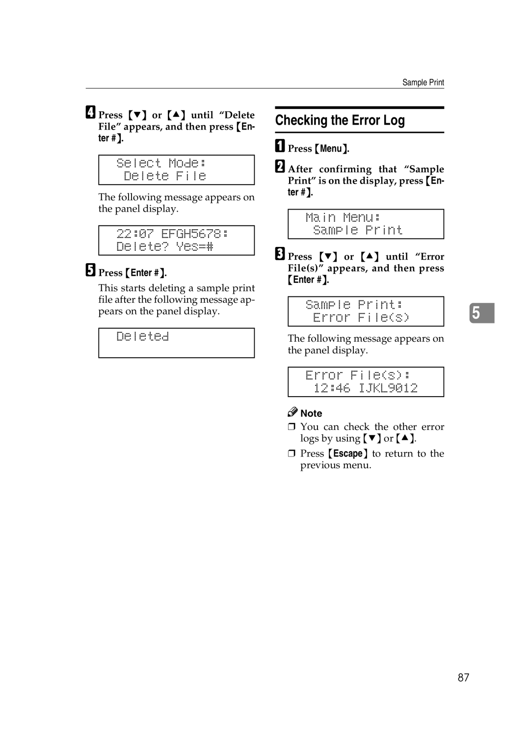 Lanier AP3200 manual Checking the Error Log, EFGH5678 Delete? Yes=# 