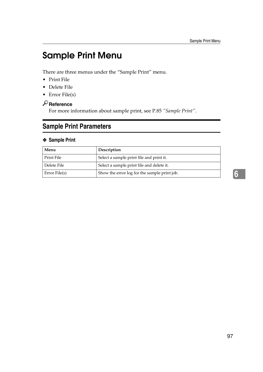 Lanier AP3200 manual Sample Print Menu, Sample Print Parameters 