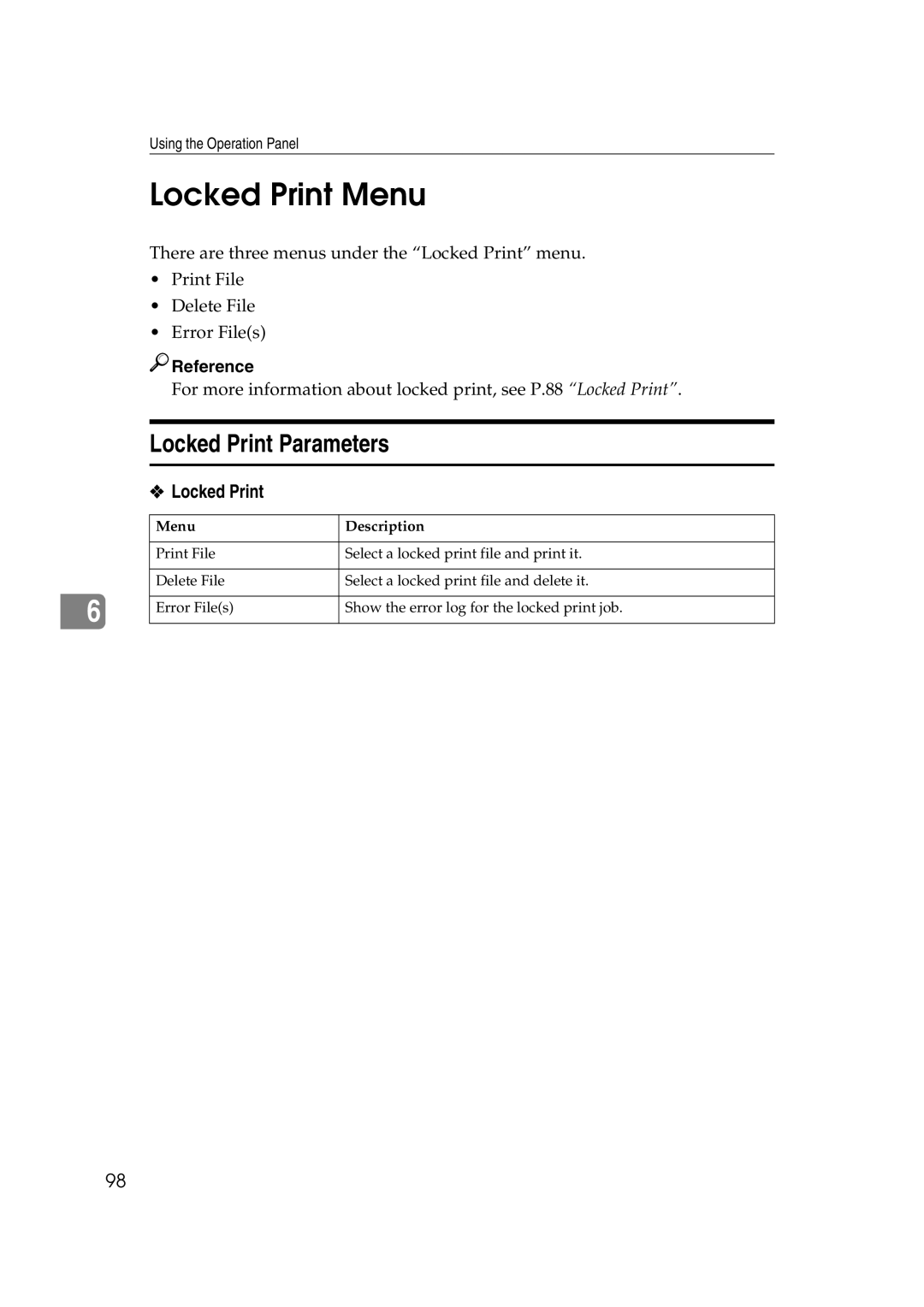 Lanier AP3200 manual Locked Print Menu, Locked Print Parameters 