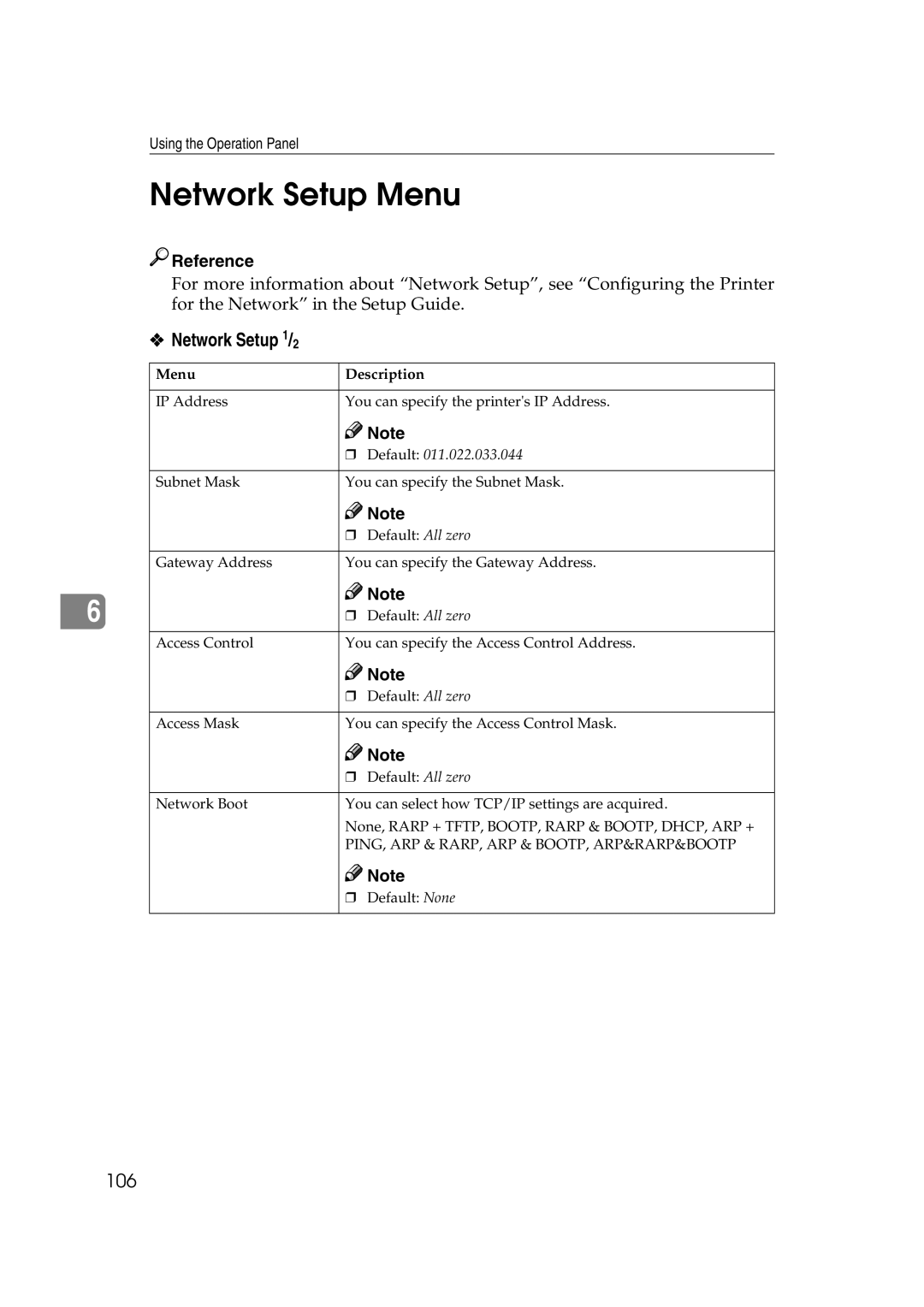 Lanier AP3200 manual Network Setup Menu, Network Setup 1/2, Default 