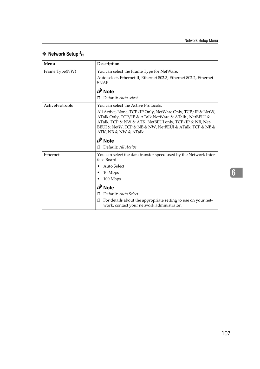 Lanier AP3200 manual Network Setup 2/2, Default Auto select, Default All Active 