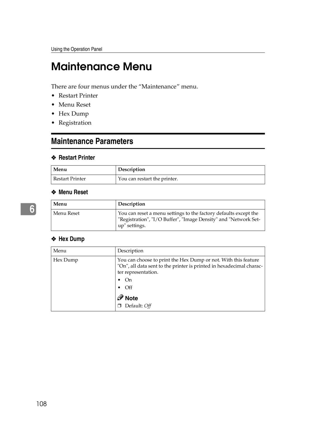 Lanier AP3200 manual Maintenance Menu, Maintenance Parameters, Restart Printer, Menu Reset, Hex Dump 