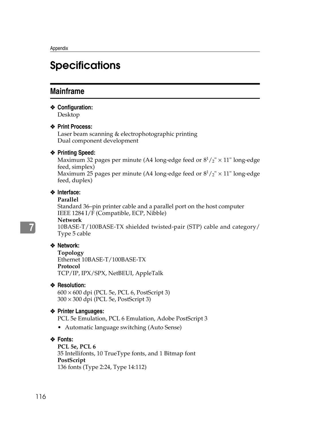 Lanier AP3200 manual Specifications, Mainframe 