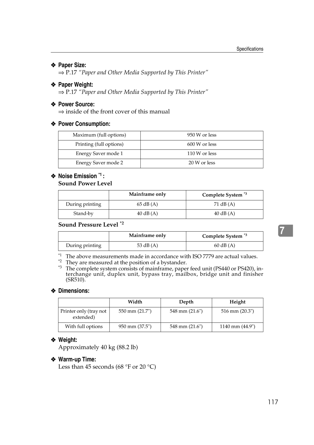 Lanier AP3200 manual Paper Size, Paper Weight, Power Source, Power Consumption, Noise Emission *1, Dimensions, Warm-up Time 