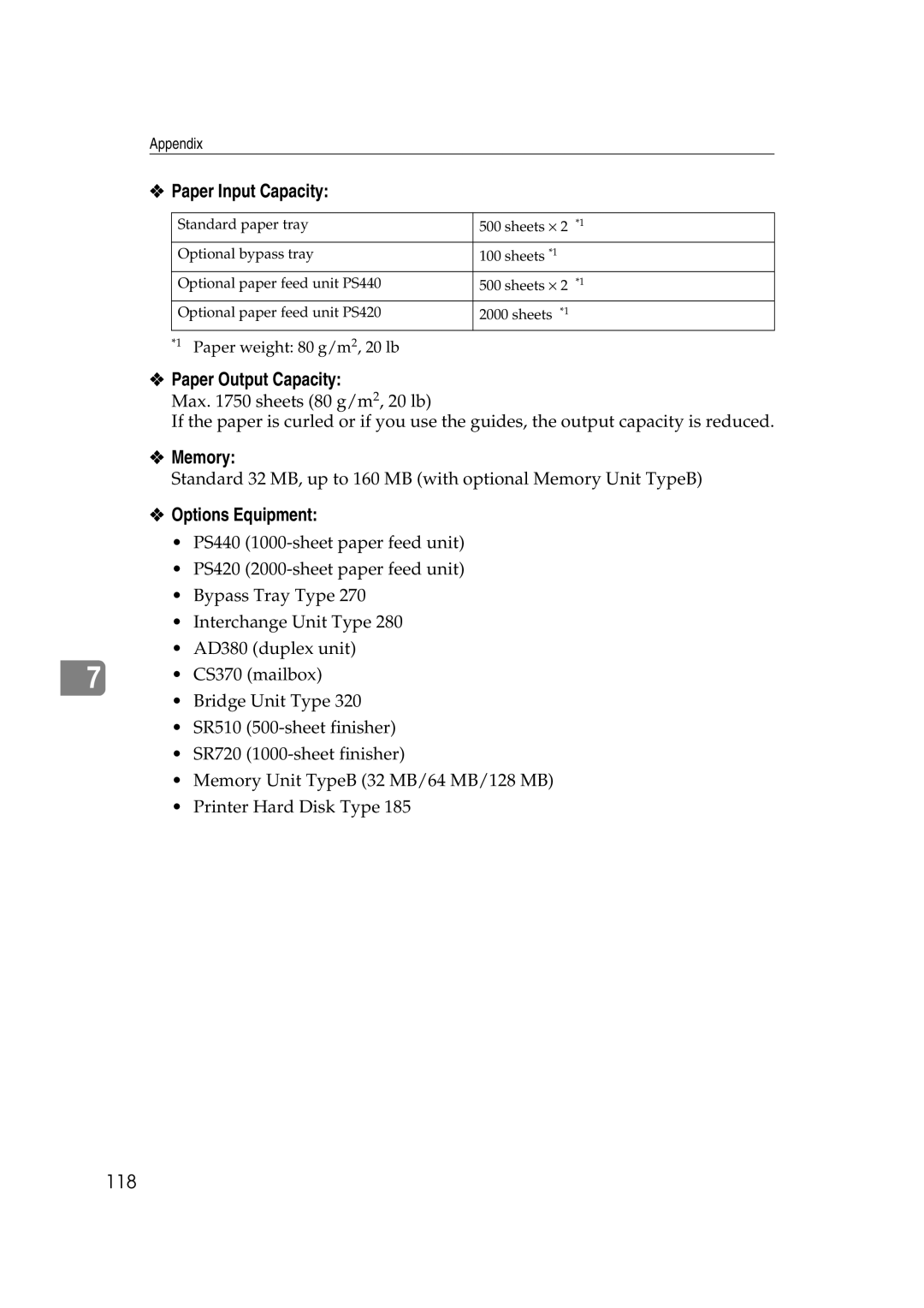 Lanier AP3200 manual Paper Input Capacity, Paper Output Capacity, Memory, Options Equipment 