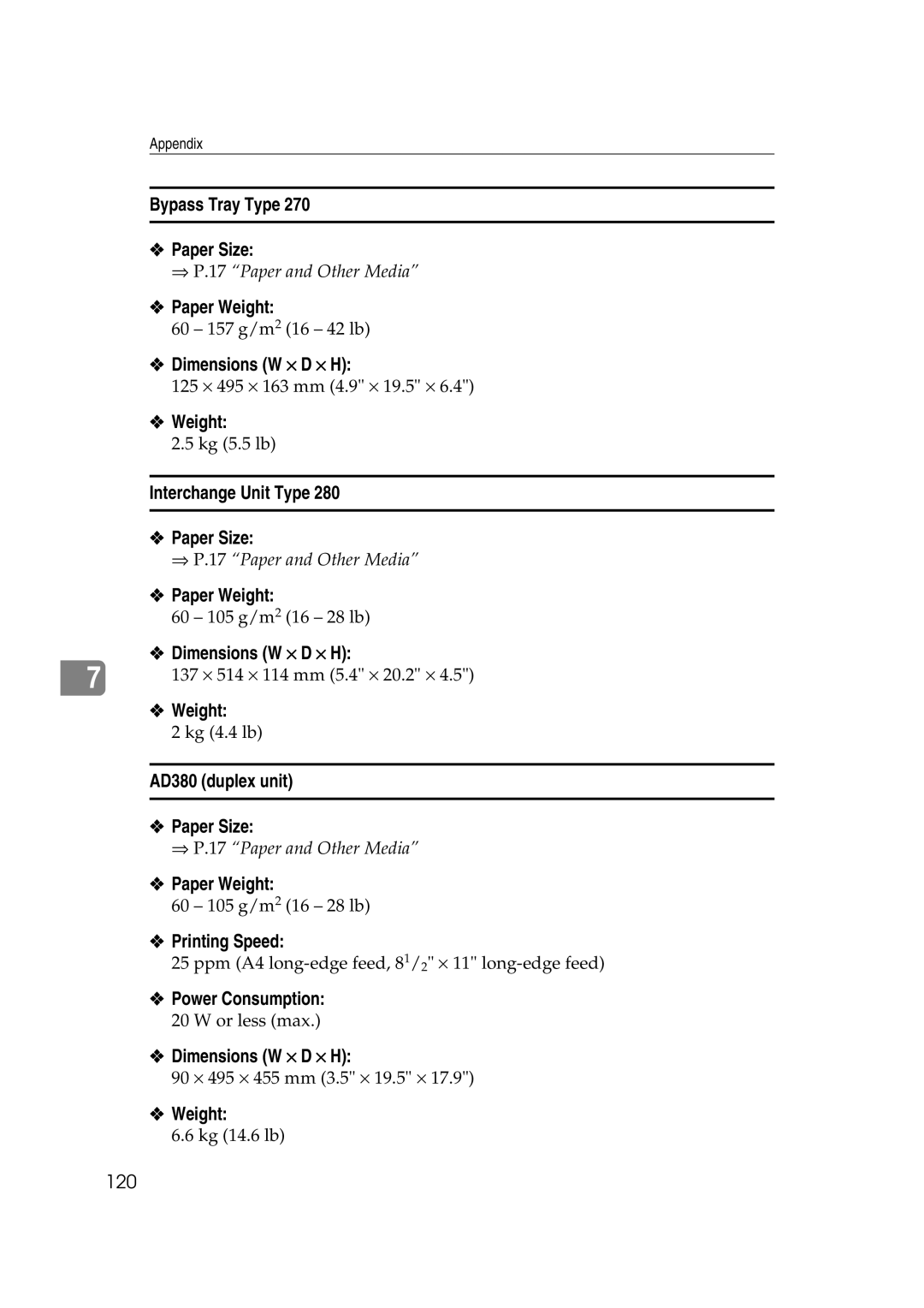 Lanier AP3200 manual Bypass Tray Type Paper Size, Interchange Unit Type Paper Size, AD380 duplex unit Paper Size 