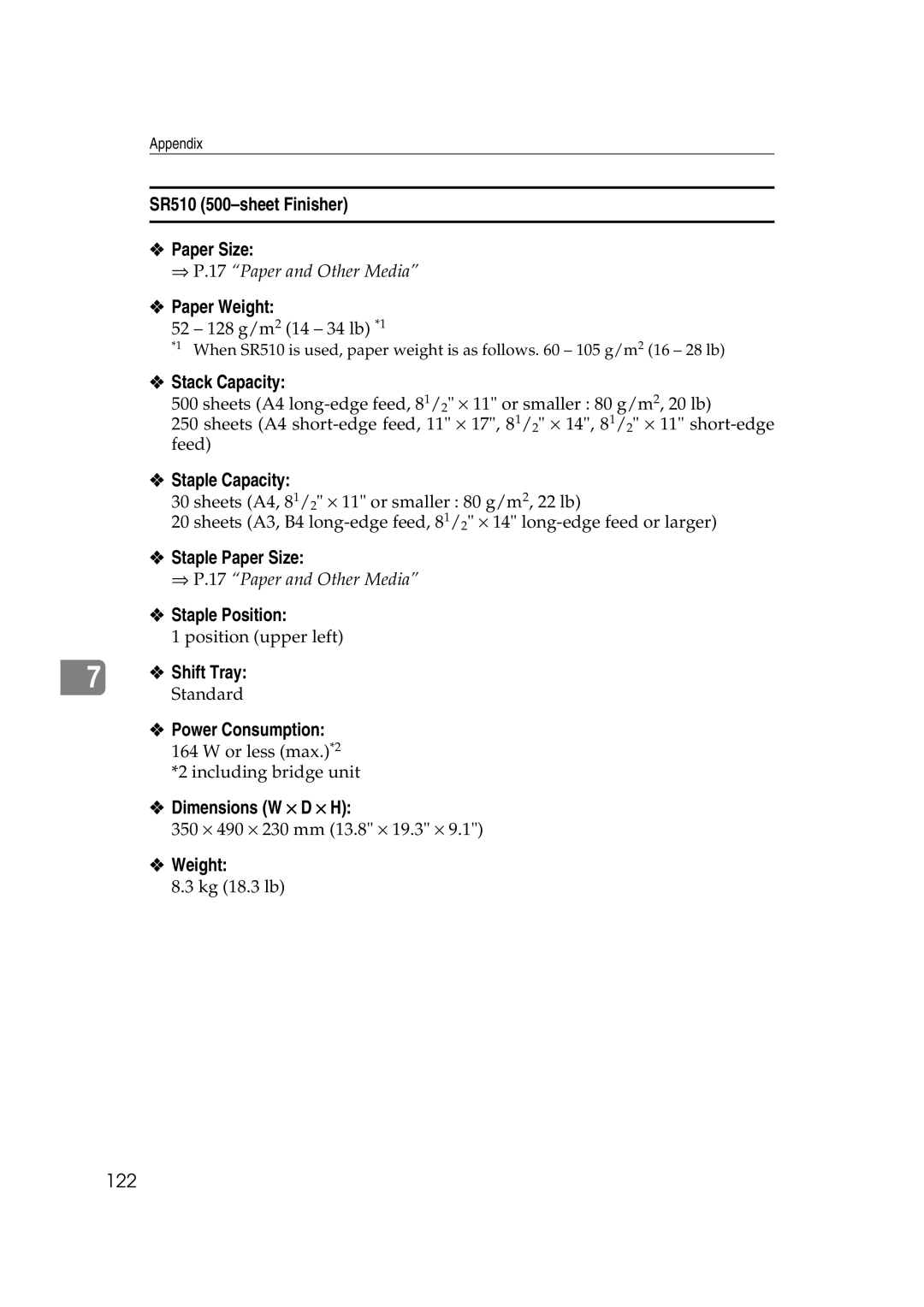 Lanier AP3200 manual SR510 500-sheet Finisher Paper Size, Staple Capacity, Staple Paper Size, Staple Position, Standard 