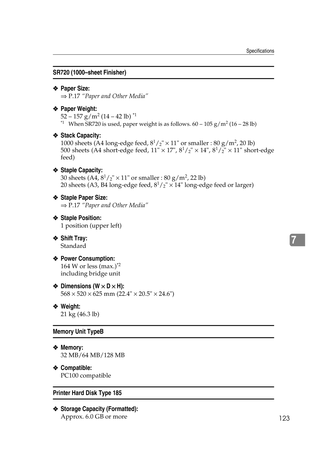 Lanier AP3200 manual SR720 1000-sheet Finisher Paper Size, Memory Unit TypeB, Compatible 