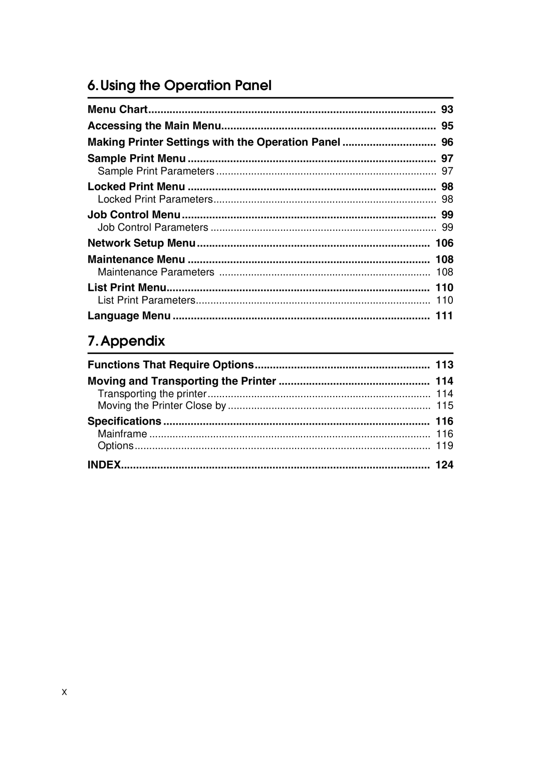 Lanier AP3200 Locked Print Menu, Job Control Menu, Network Setup Menu 106 Maintenance Menu 108, List Print Menu 110, 124 