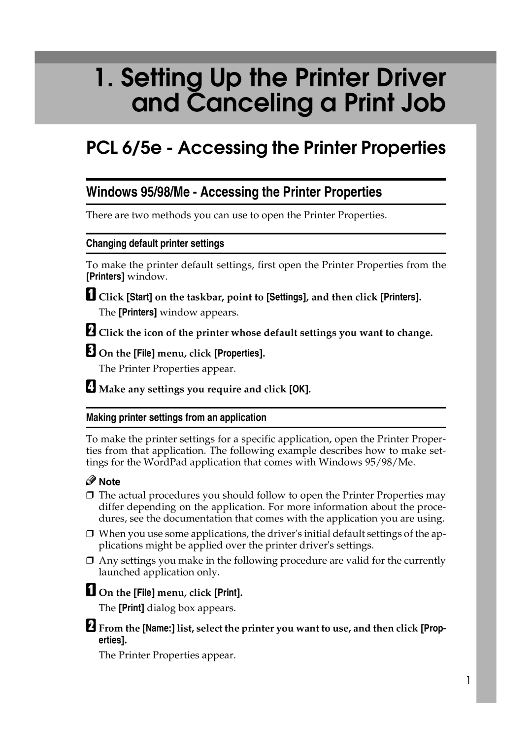 Lanier AP3200 manual PCL 6/5e Accessing the Printer Properties, Windows 95/98/Me Accessing the Printer Properties 