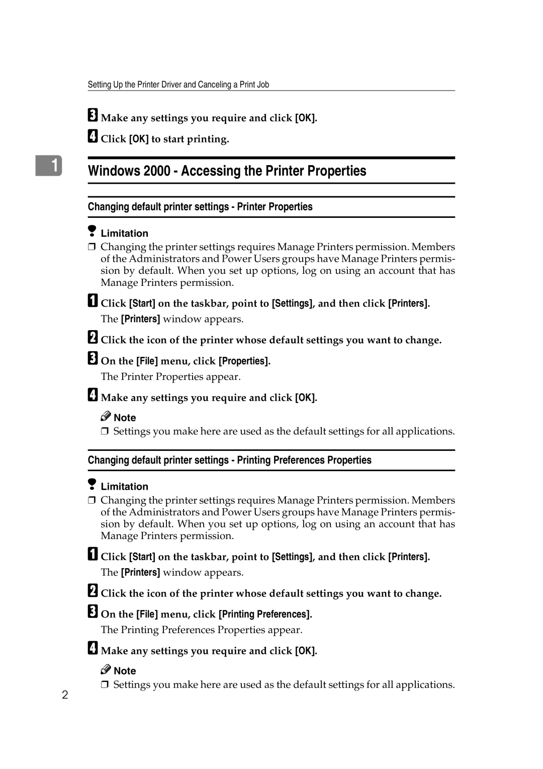 Lanier AP3200 manual Windows 2000 Accessing the Printer Properties, Changing default printer settings Printer Properties 