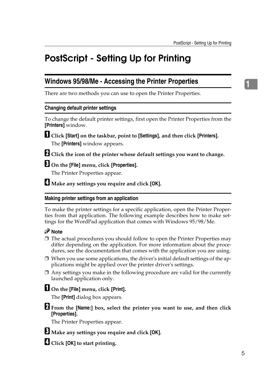 Lanier AP3200 manual PostScript Setting Up for Printing, Windows 95/98/Me Accessing the Printer Properties 