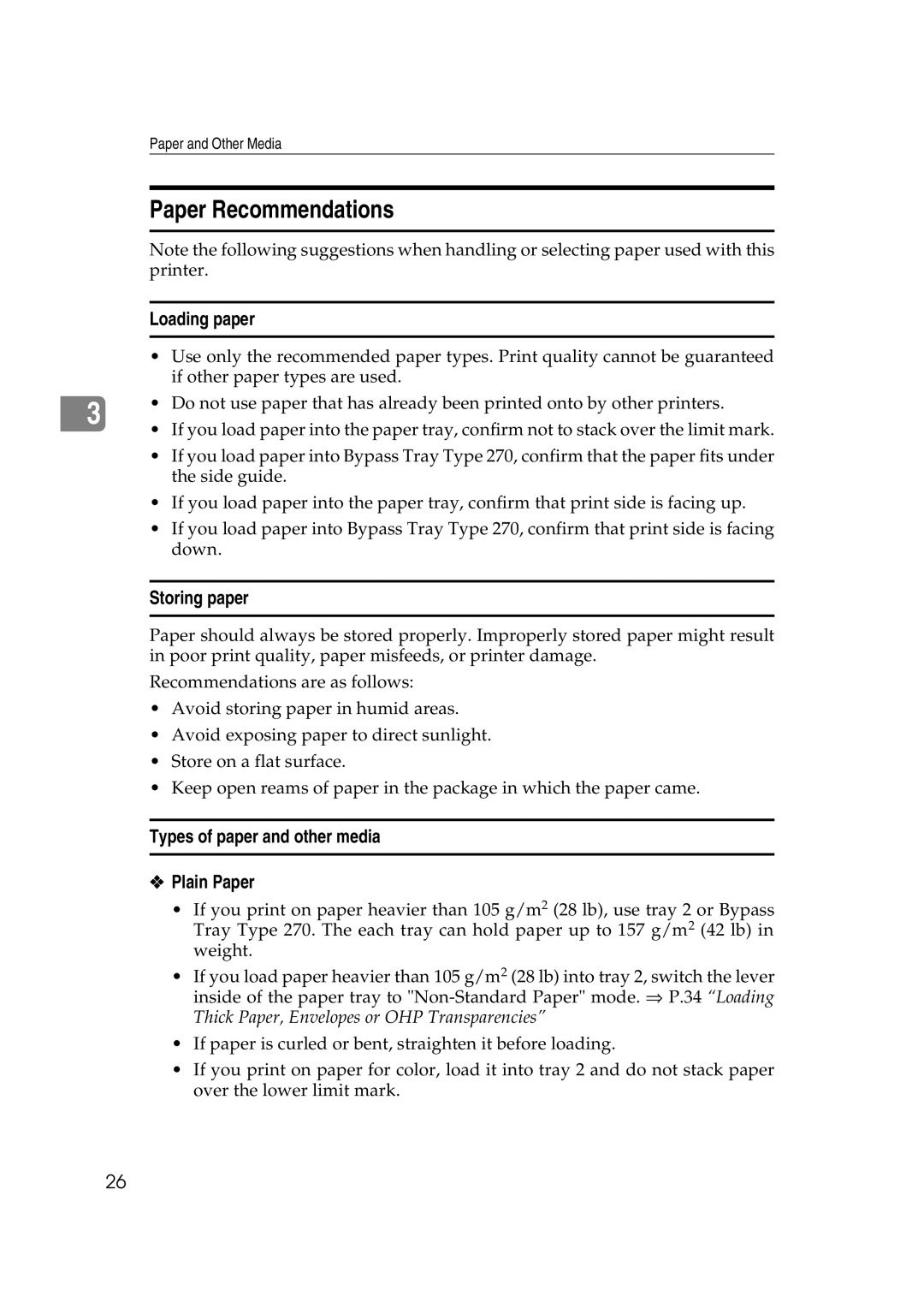 Lanier AP3200 manual Paper Recommendations, Loading paper, Storing paper, Types of paper and other media, Plain Paper 