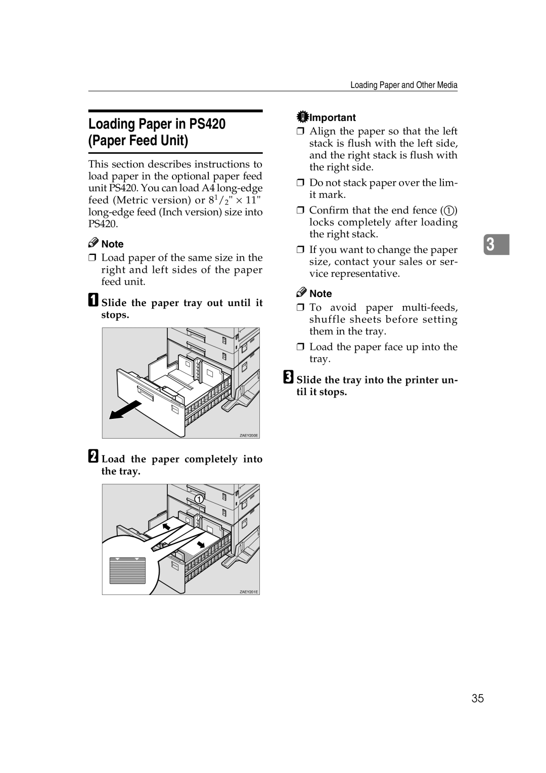 Lanier AP3200 manual Loading Paper in PS420 Paper Feed Unit 