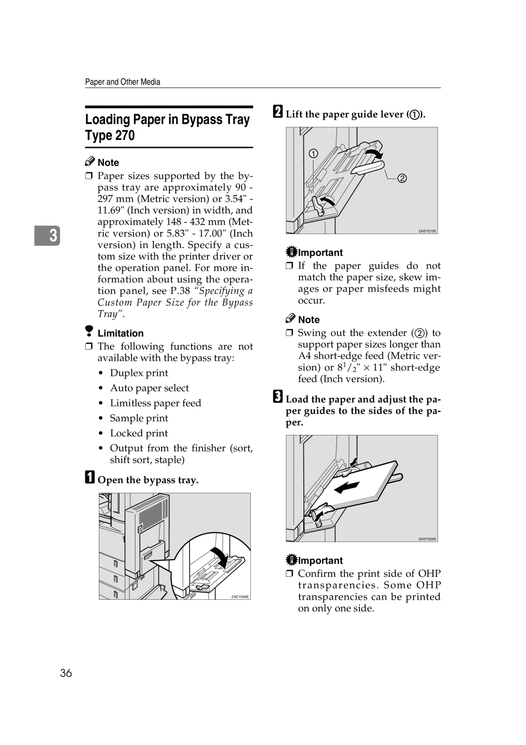 Lanier AP3200 manual Loading Paper in Bypass Tray Type, Open the bypass tray, Lift the paper guide lever a 