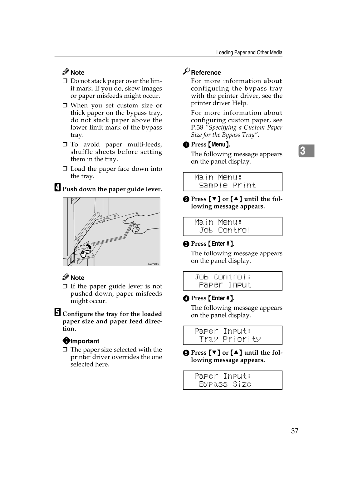 Lanier AP3200 manual Push down the paper guide lever, Press Menu Following message appears, Press Enter # 