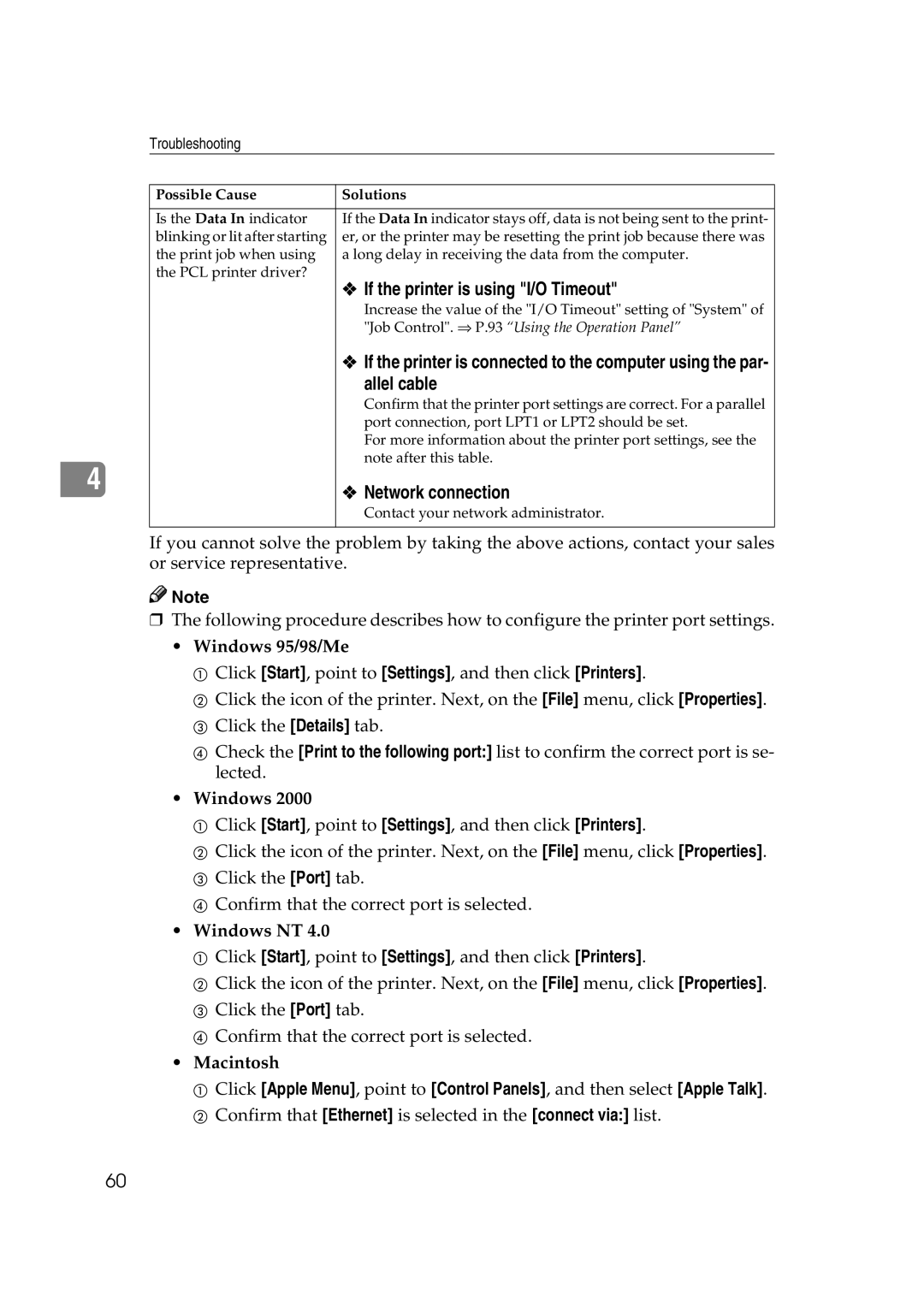 Lanier AP3200 manual If the printer is using I/O Timeout, Allel cable, Network connection 