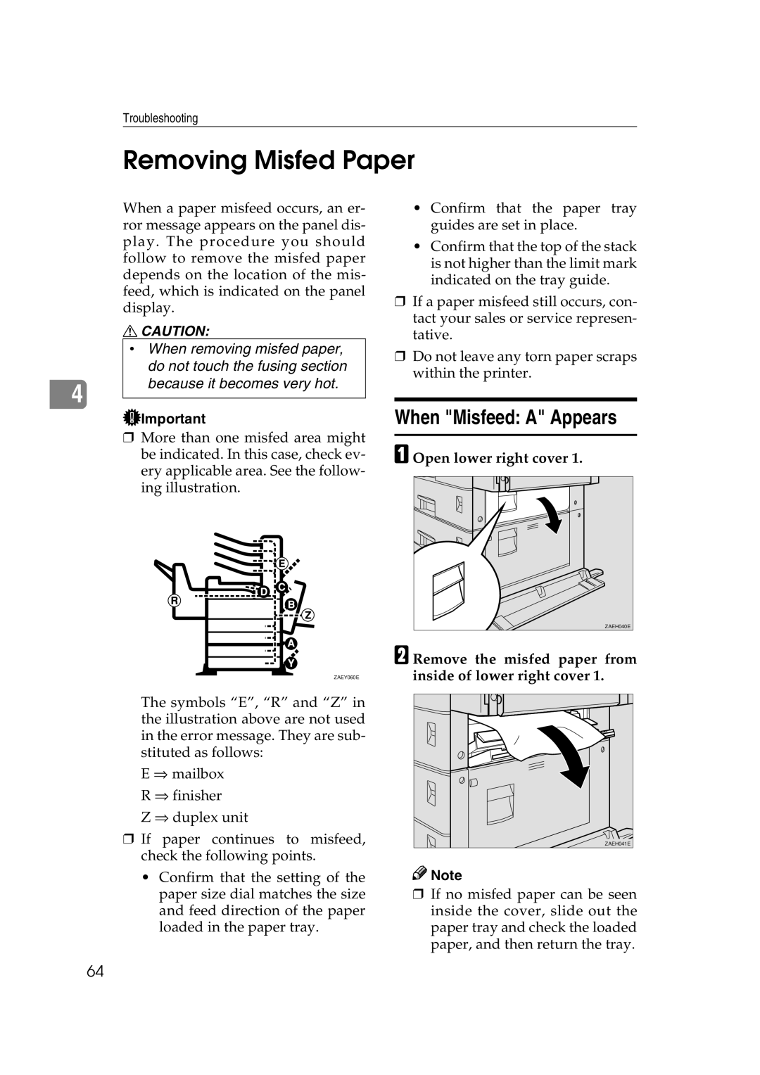 Lanier AP3200 manual Removing Misfed Paper, When Misfeed a Appears, Open lower right cover 