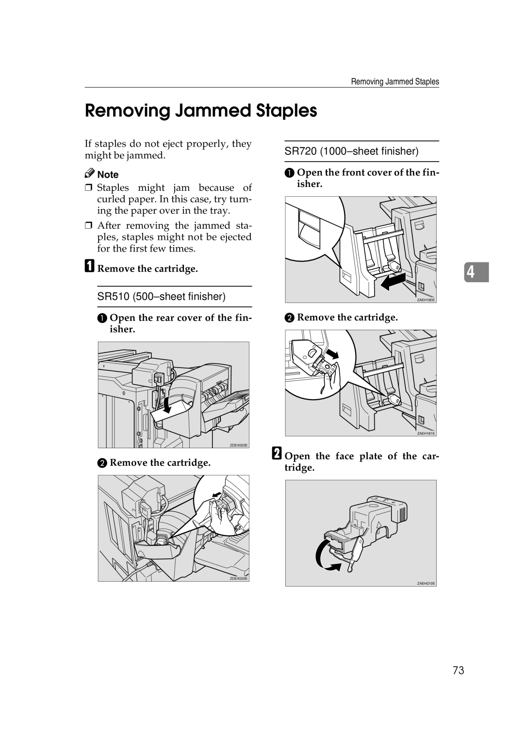 Lanier AP3200 manual Removing Jammed Staples, Remove the cartridge, Open the face plate of the car- tridge 