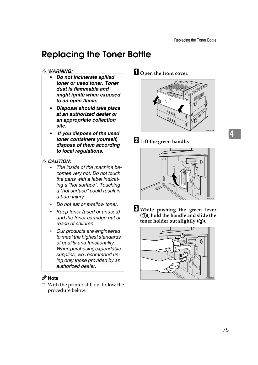 Lanier AP3200 manual Replacing the Toner Bottle, Open the front cover, Lift the green handle 