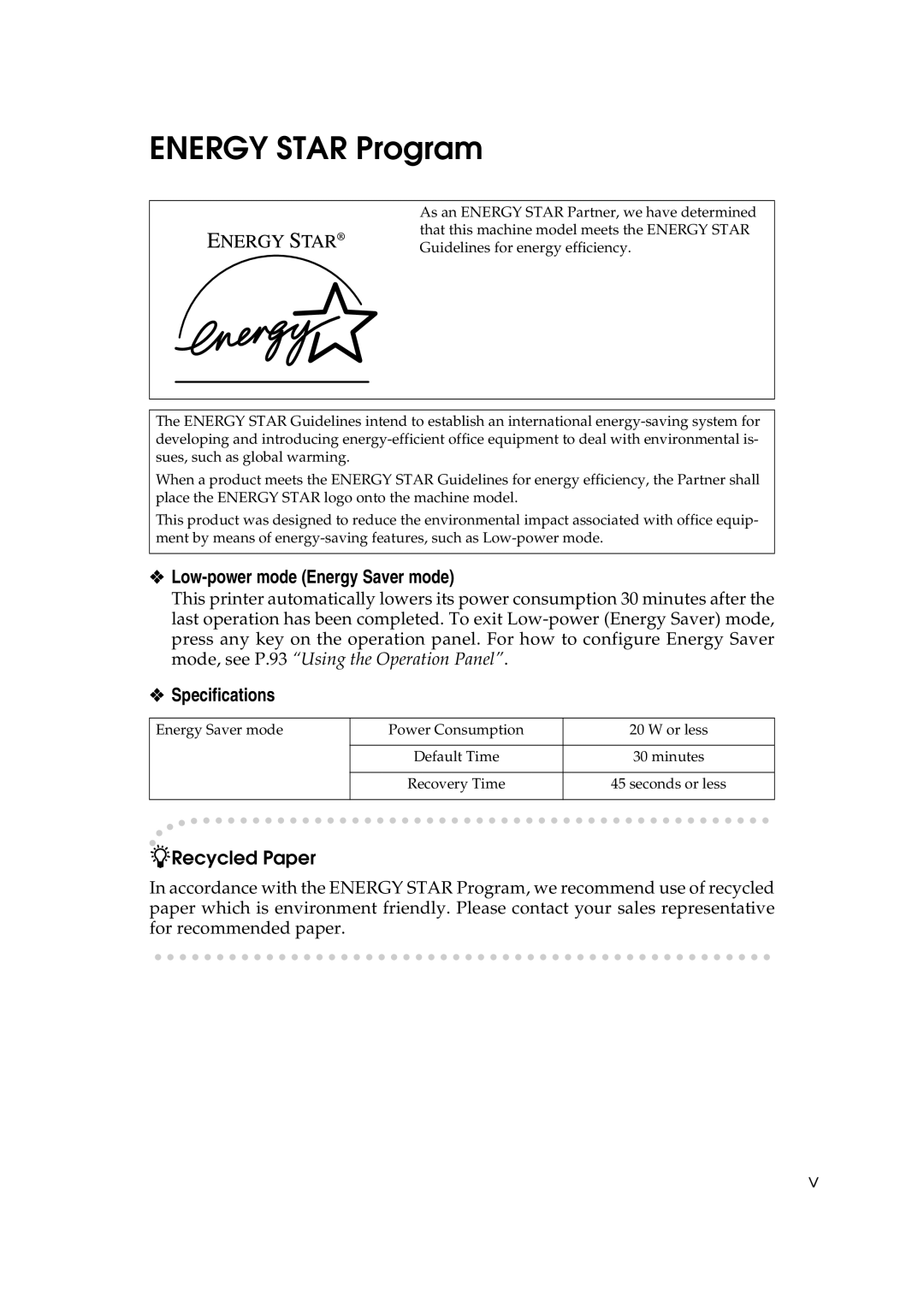 Lanier AP3200 manual Energy Star Program, Low-power mode Energy Saver mode, Specifications 