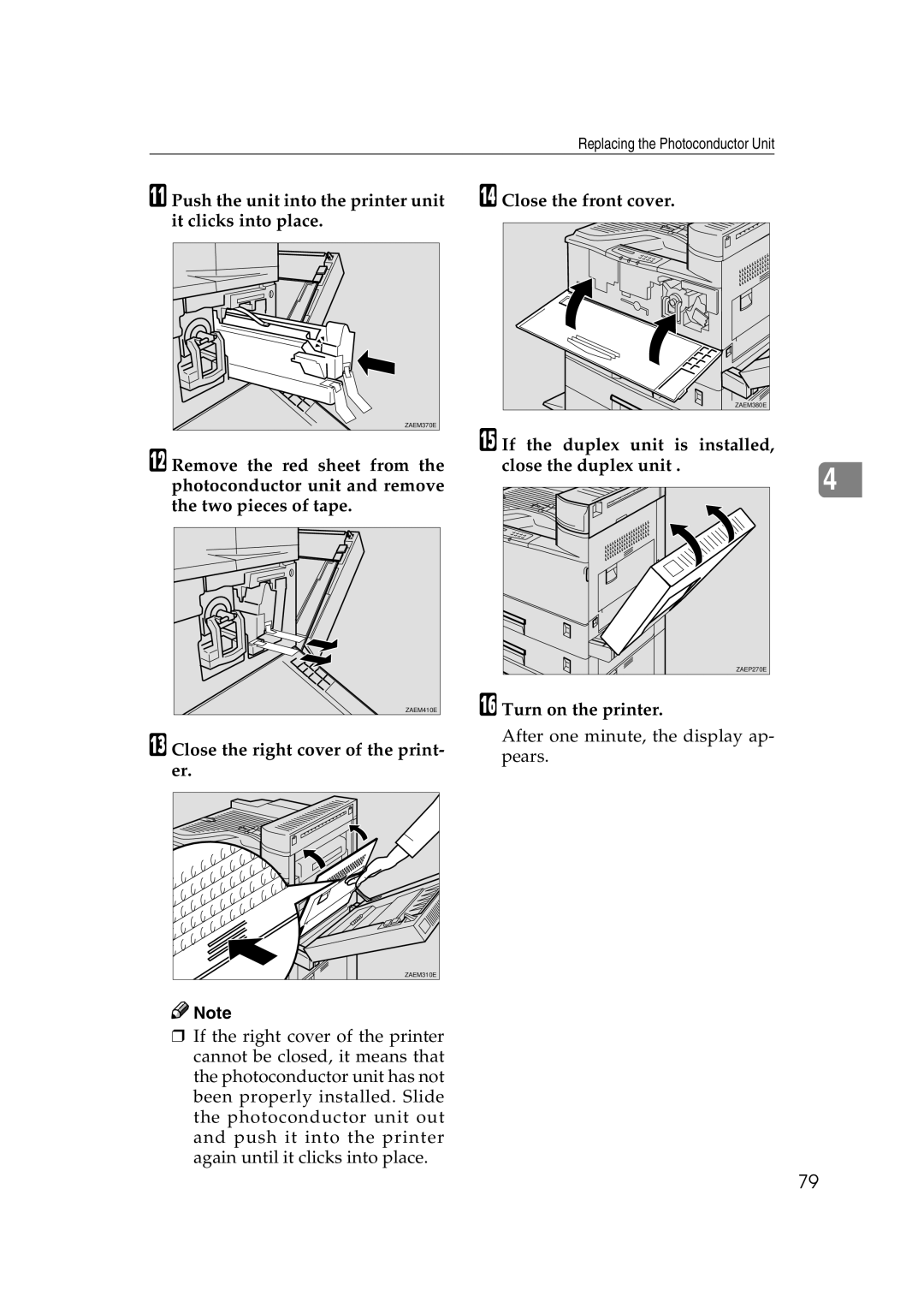 Lanier AP3200 manual Push the unit into the printer unit it clicks into place, Close the right cover of the print- er 