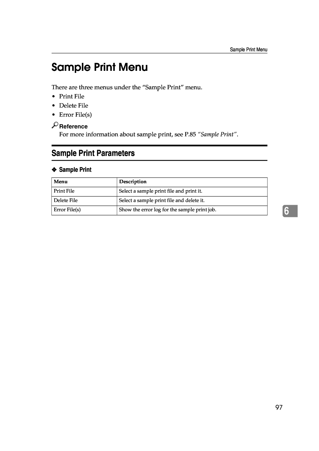 Lanier AP3200 manual Sample Print Menu, Sample Print Parameters 