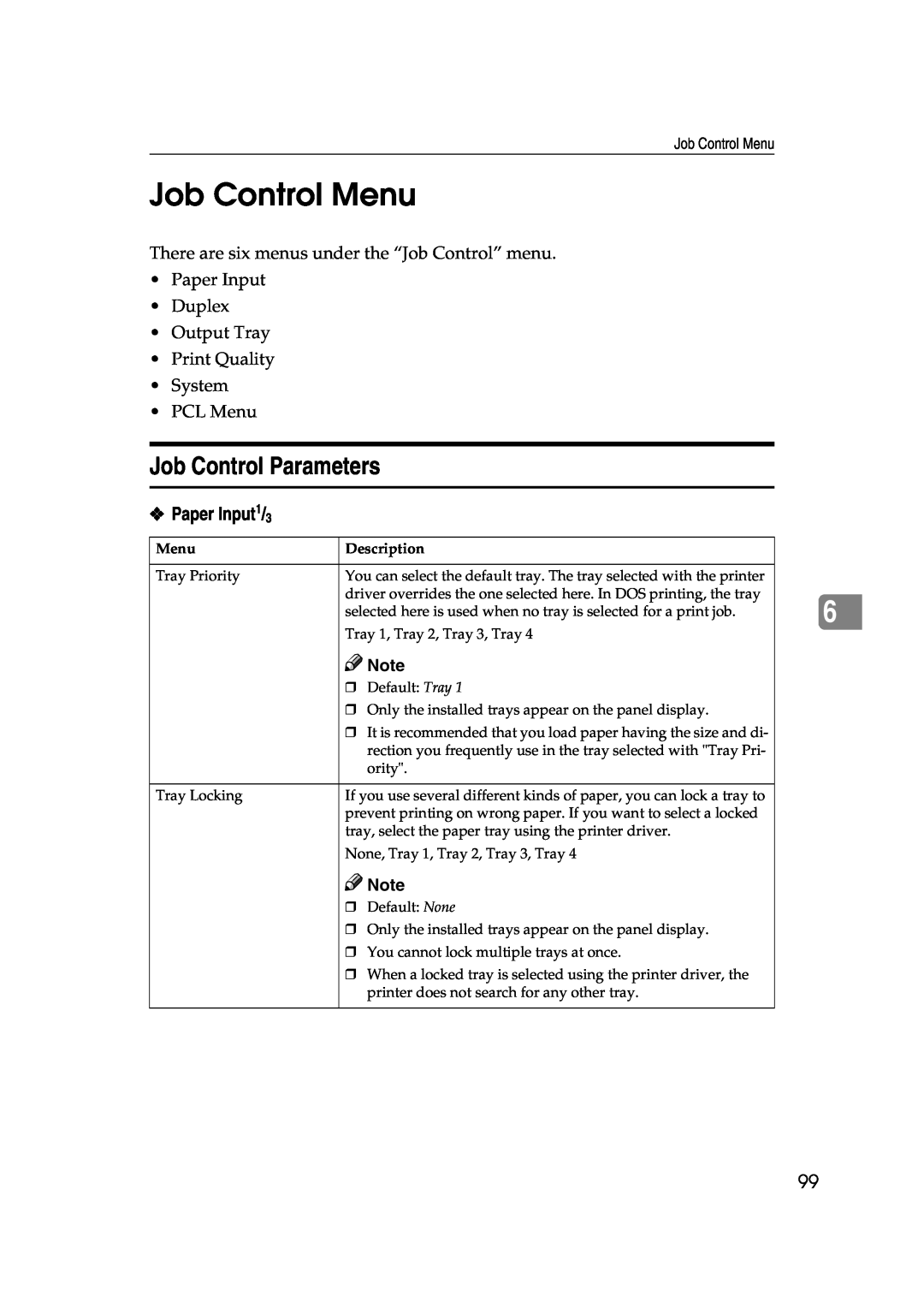 Lanier AP3200 manual Job Control Menu, Job Control Parameters, Description 