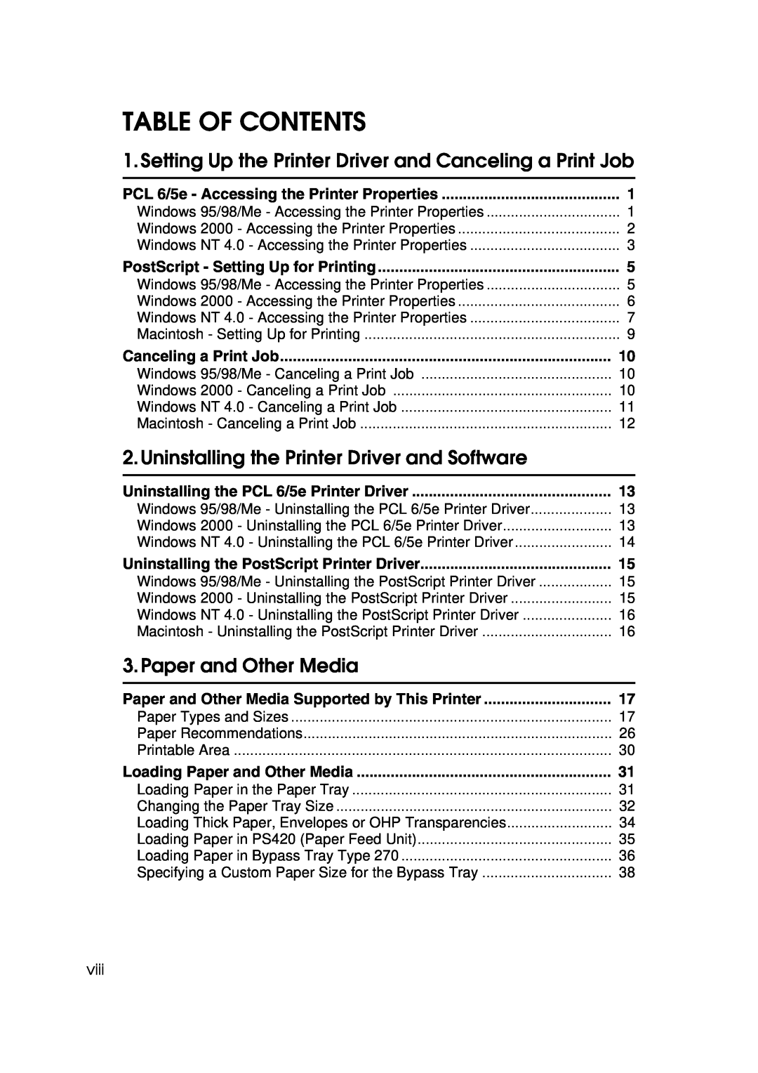 Lanier AP3200 manual Table Of Contents, Uninstalling the Printer Driver and Software, Paper and Other Media 