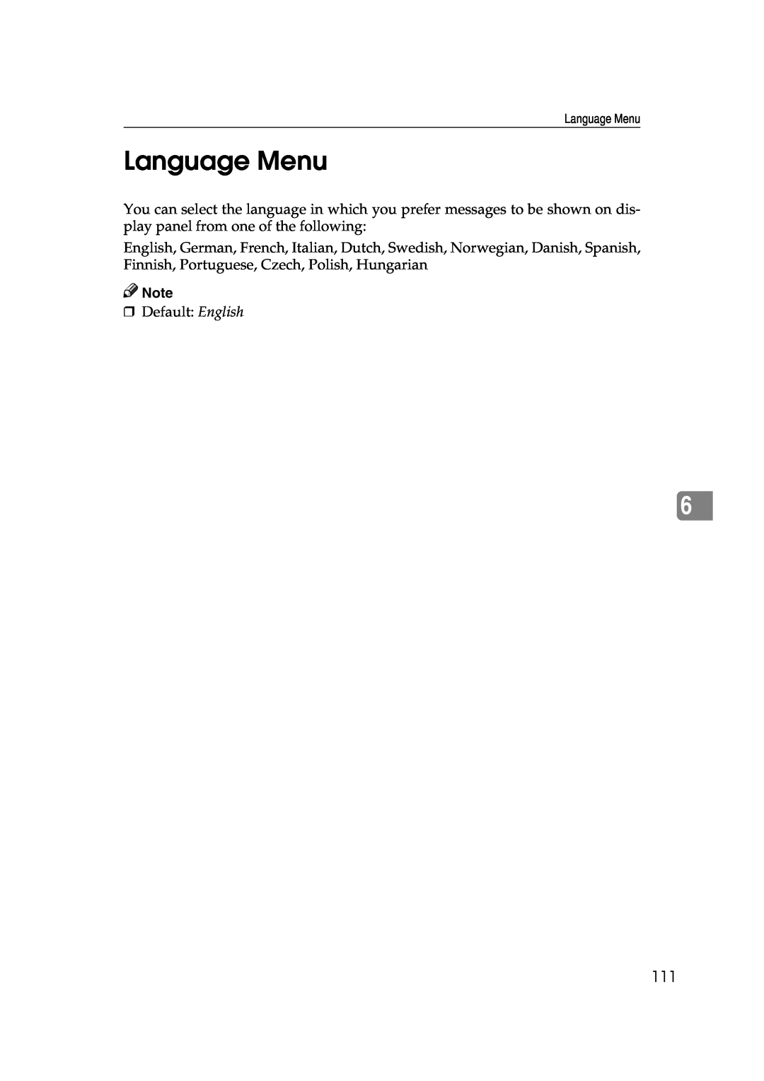 Lanier AP3200 manual Language Menu 