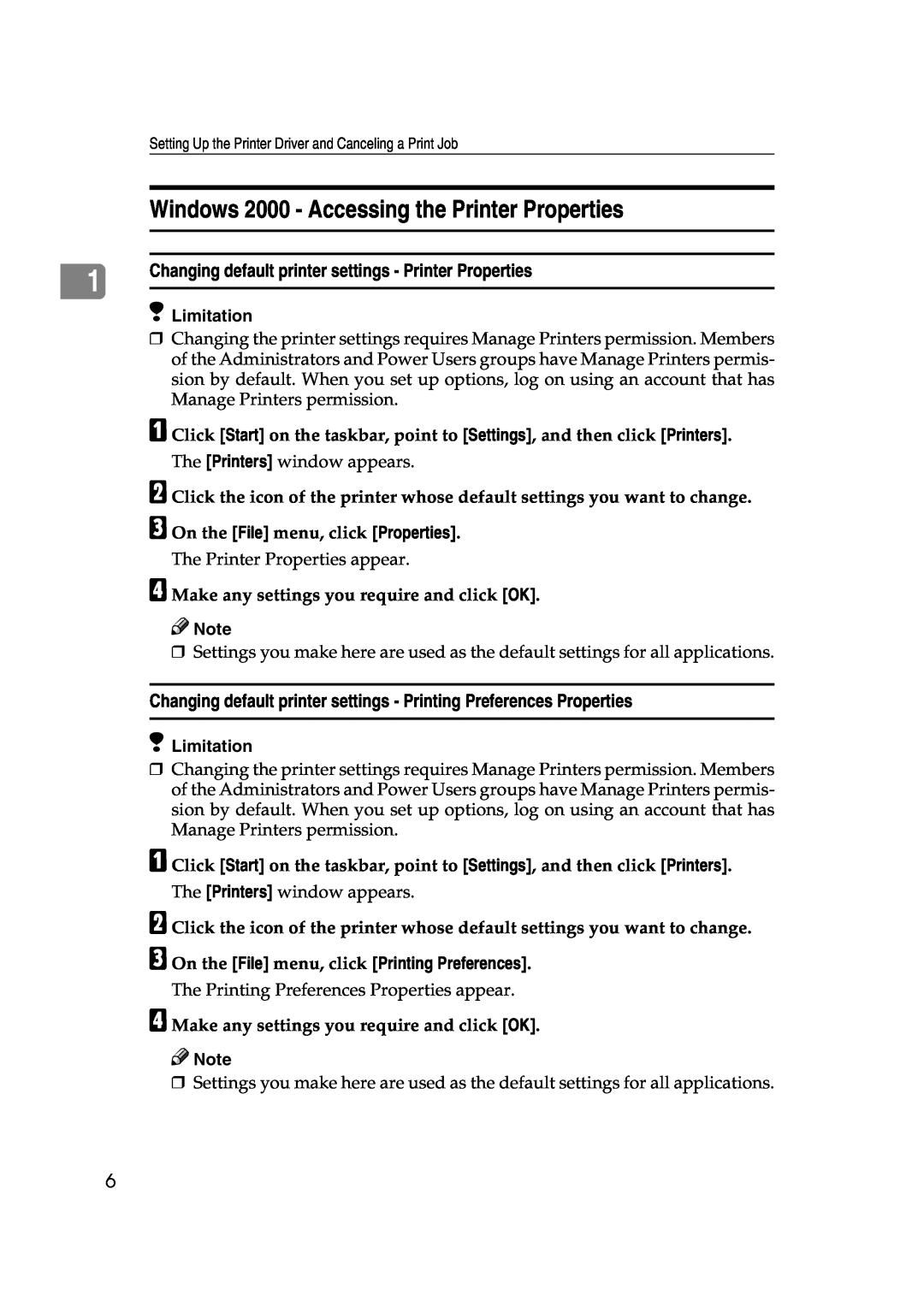 Lanier AP3200 manual Windows 2000 - Accessing the Printer Properties 