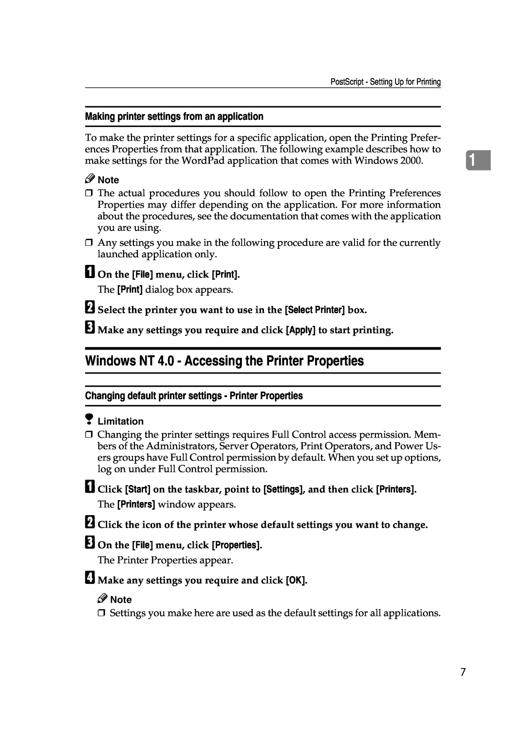 Lanier AP3200 manual Windows NT 4.0 - Accessing the Printer Properties, Making printer settings from an application 