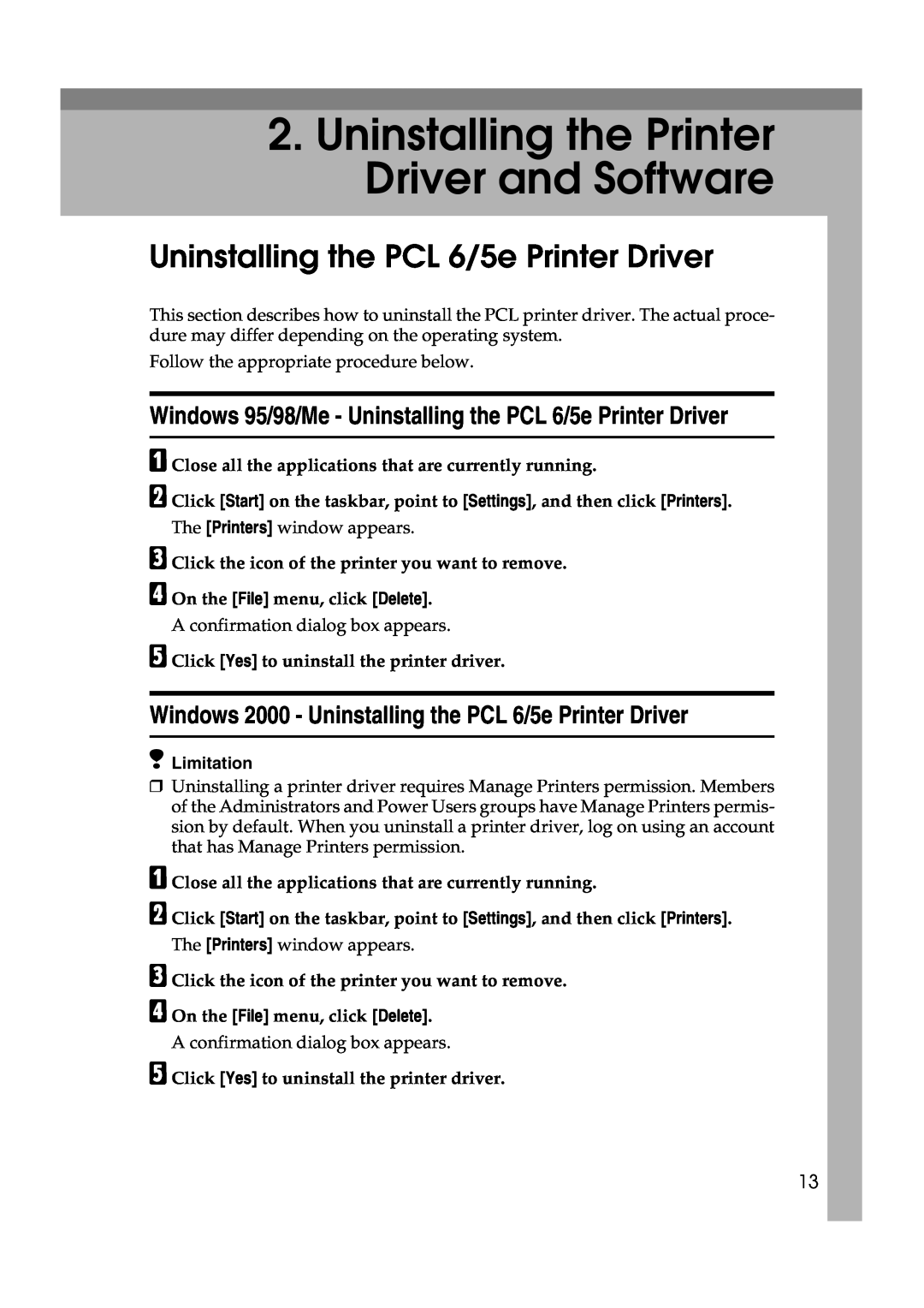 Lanier AP3200 manual Uninstalling the Printer Driver and Software, Uninstalling the PCL 6/5e Printer Driver 