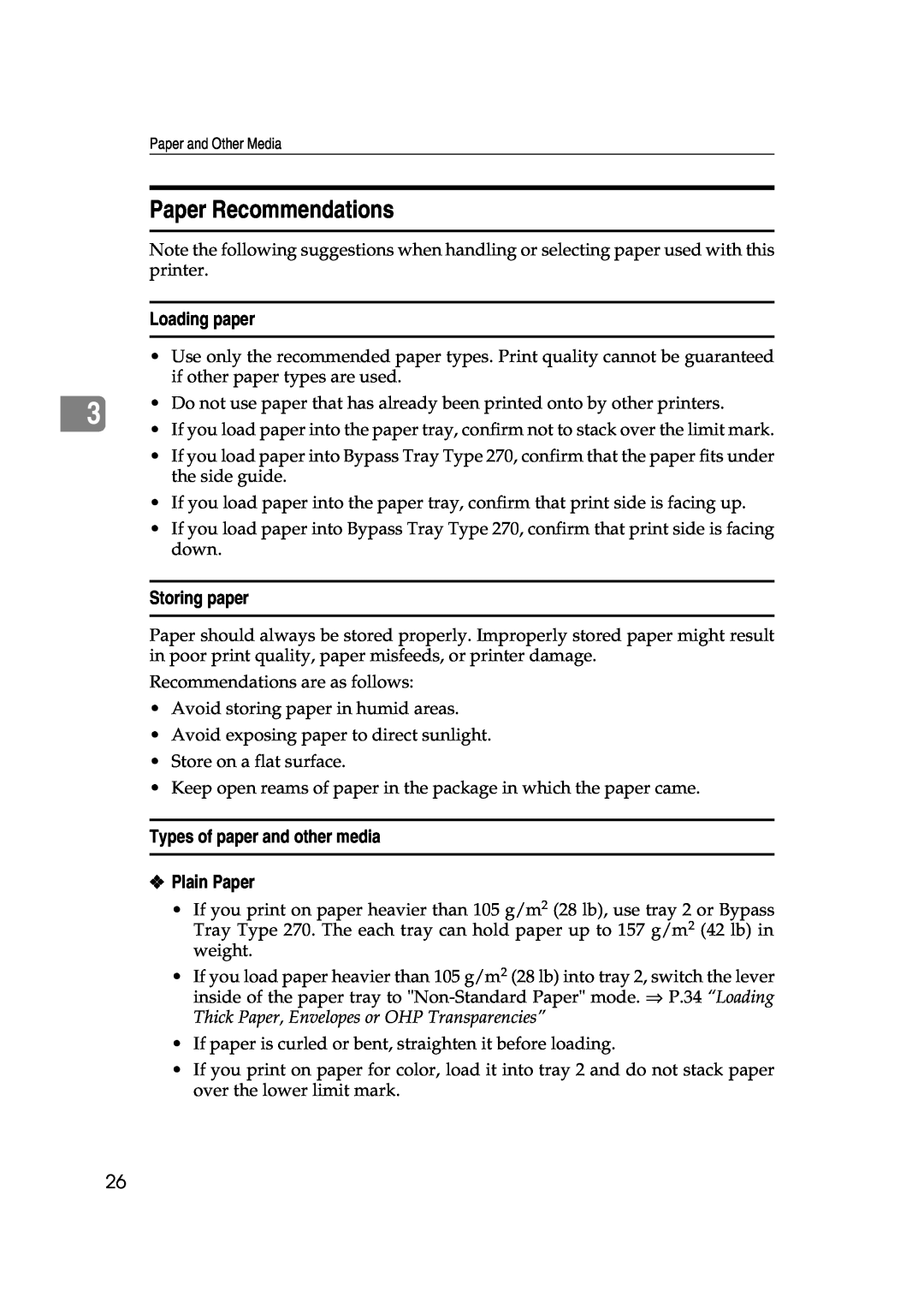 Lanier AP3200 manual Paper Recommendations, Loading paper, Storing paper, Types of paper and other media, Plain Paper 
