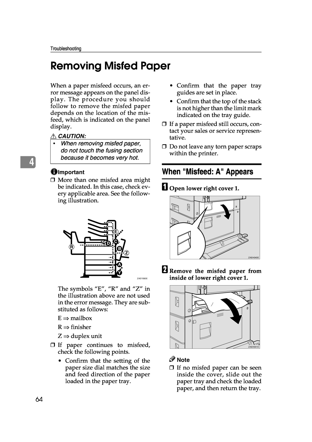 Lanier AP3200 manual Removing Misfed Paper, When Misfeed: A Appears 