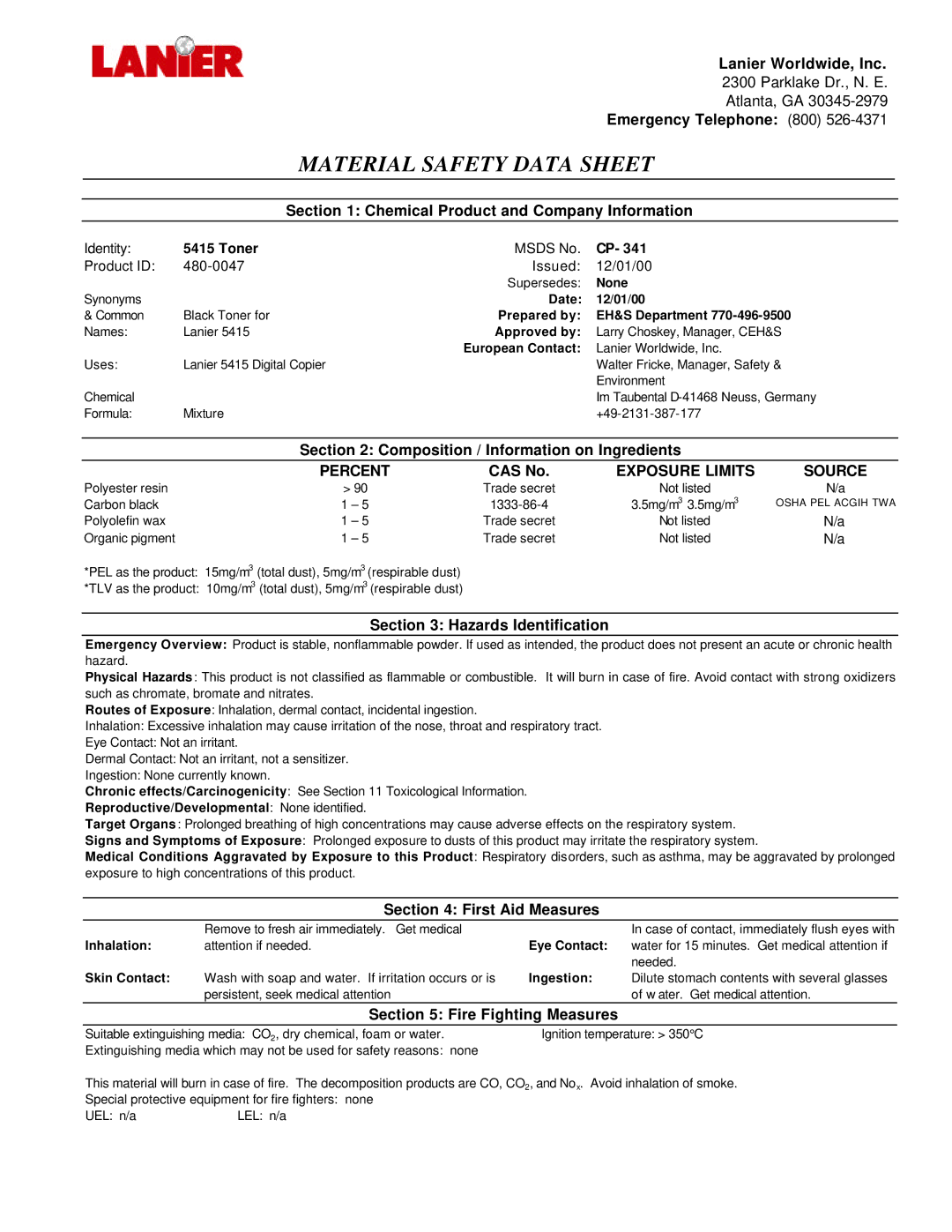 Lanier CP- 341 manual Lanier Worldwide, Inc, Emergency Telephone 800, Chemical Product and Company Information, CAS No 