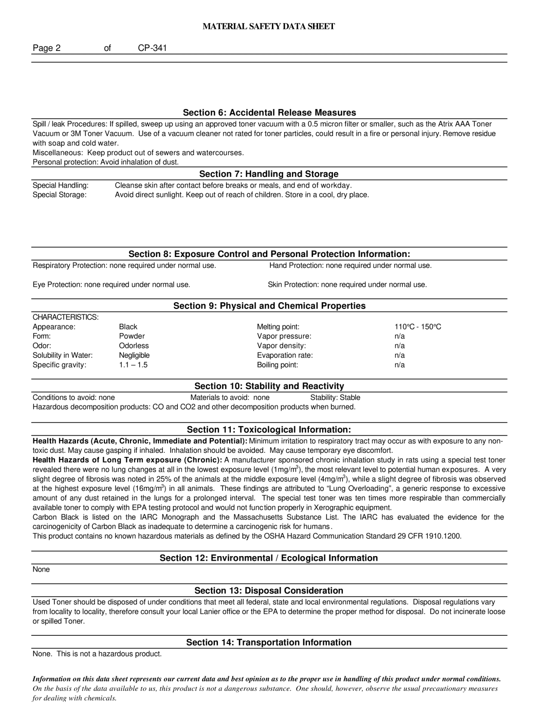 Lanier CP- 341 Accidental Release Measures, Handling and Storage, Exposure Control and Personal Protection Information 