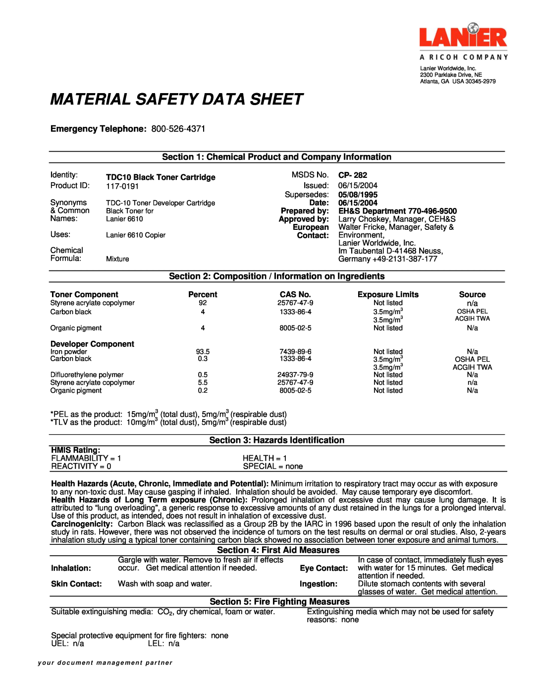 Lanier CP-282 manual Material Safety Data Sheet, Emergency Telephone, Hazards Identification, First Aid Measures 