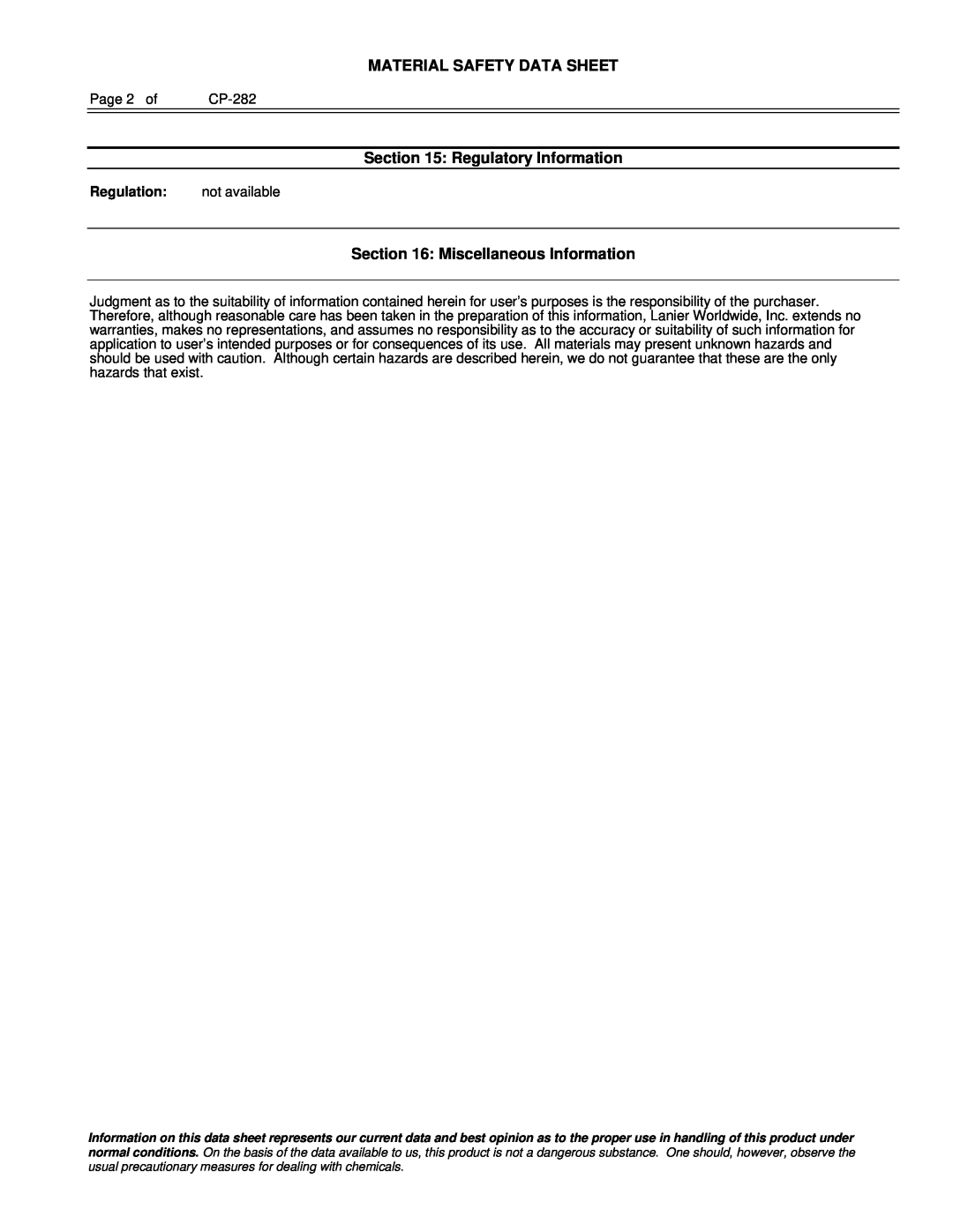 Lanier CP-282 manual Material Safety Data Sheet, Regulatory Information, Miscellaneous Information, Regulation 
