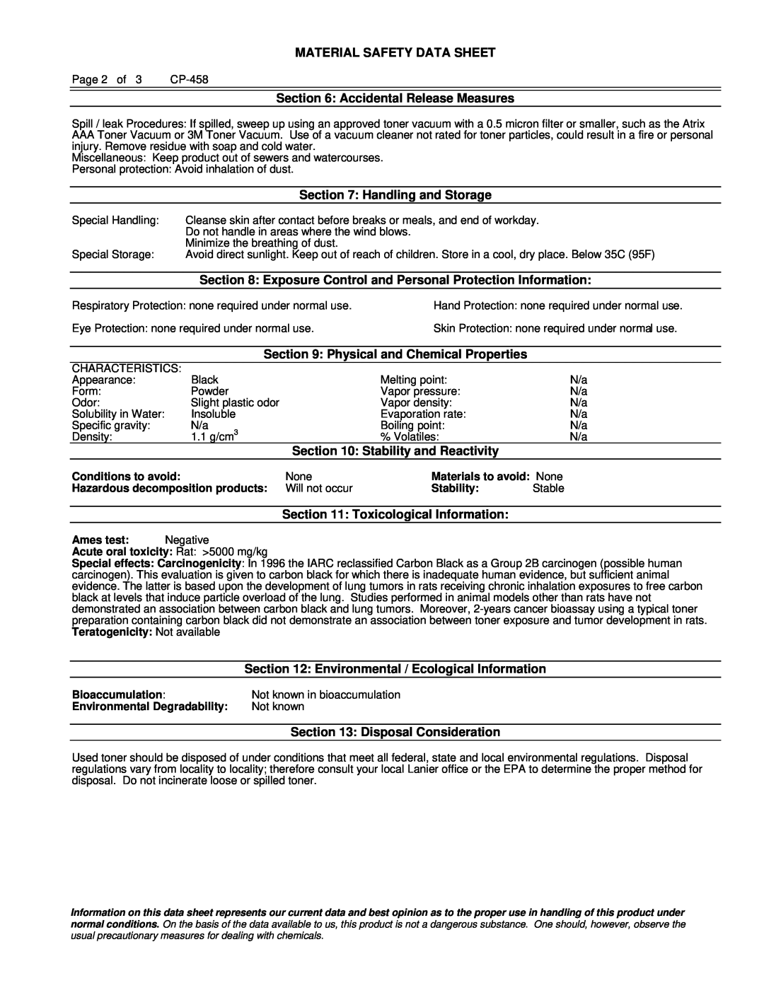 Lanier CP-458 Material Safety Data Sheet, Accidental Release Measures, Handling and Storage, Stability and Reactivity 