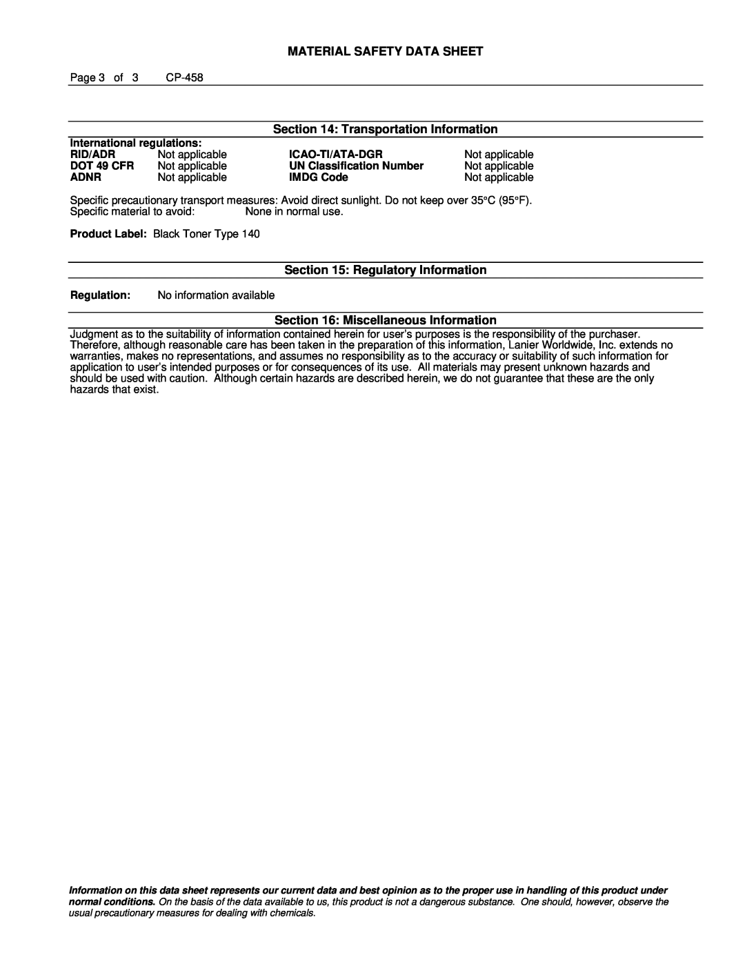 Lanier CP-458 Transportation Information, Regulatory Information, Miscellaneous Information, Material Safety Data Sheet 