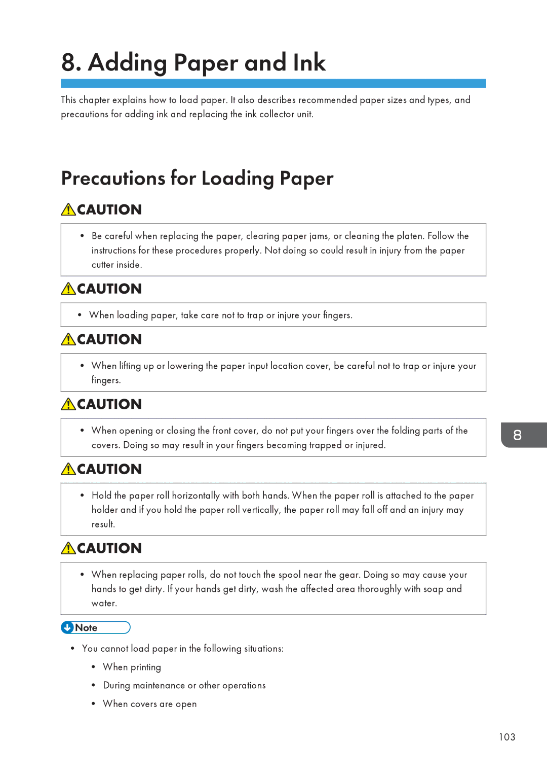 Lanier MP CW2200/MP, CW2200SP appendix Adding Paper and Ink, Precautions for Loading Paper 